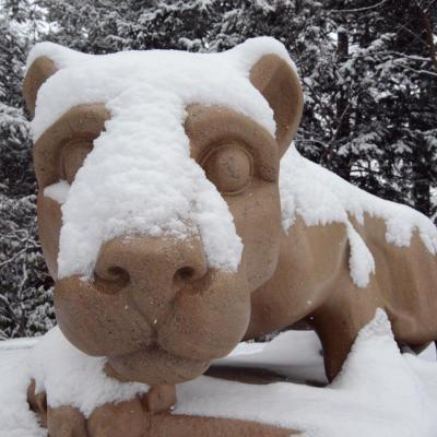 Nittany Lion statue covered in snow